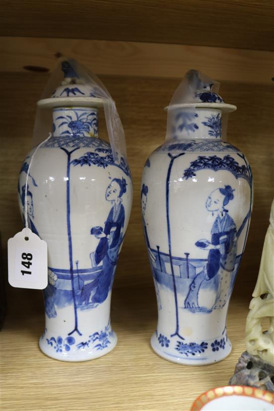 A near pair of Chinese blue and white baluster vases and covers, 28cm and sundry Oriental ceramics (14)